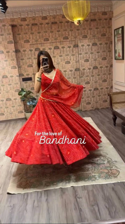 Red Exclusive Bandhani Printed Georgette Navaratri Lehenga Choli