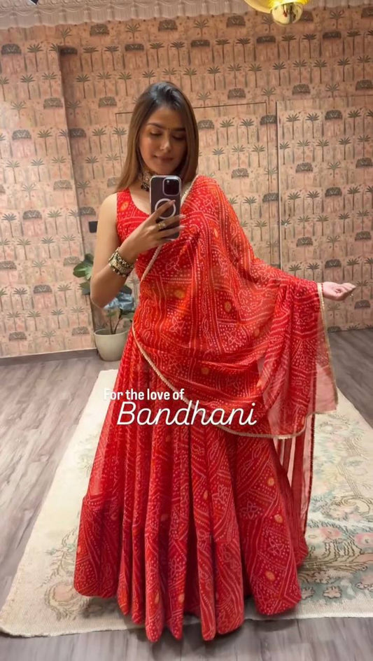 Red Exclusive Bandhani Printed Georgette Navaratri Lehenga Choli