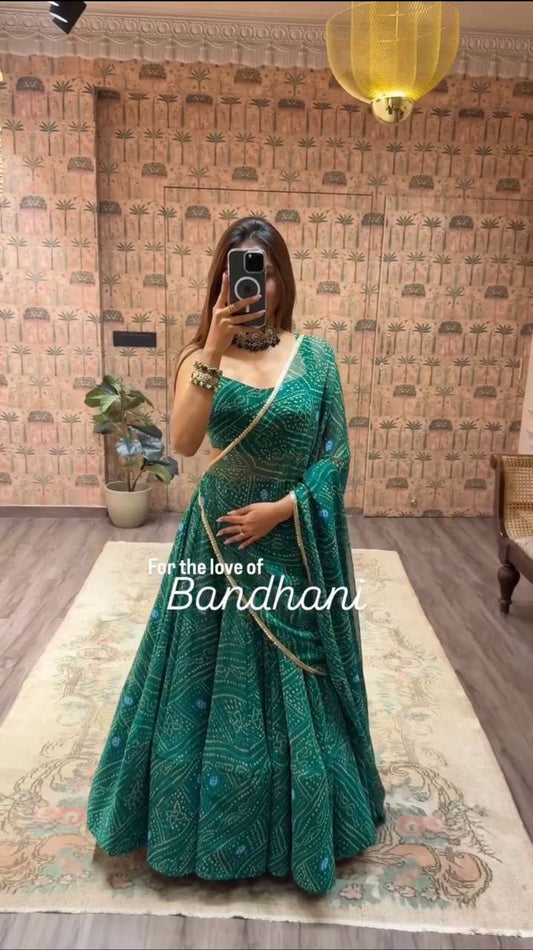 Green Exclusive Bandhani Printed Georgette Navaratri Lehenga Choli