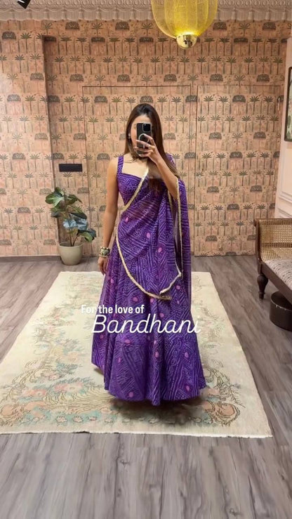 Lavender Exclusive Bandhani Printed Georgette Navaratri Lehenga Choli