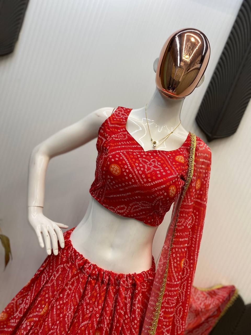 Red Exclusive Bandhani Printed Georgette Navaratri Lehenga Choli