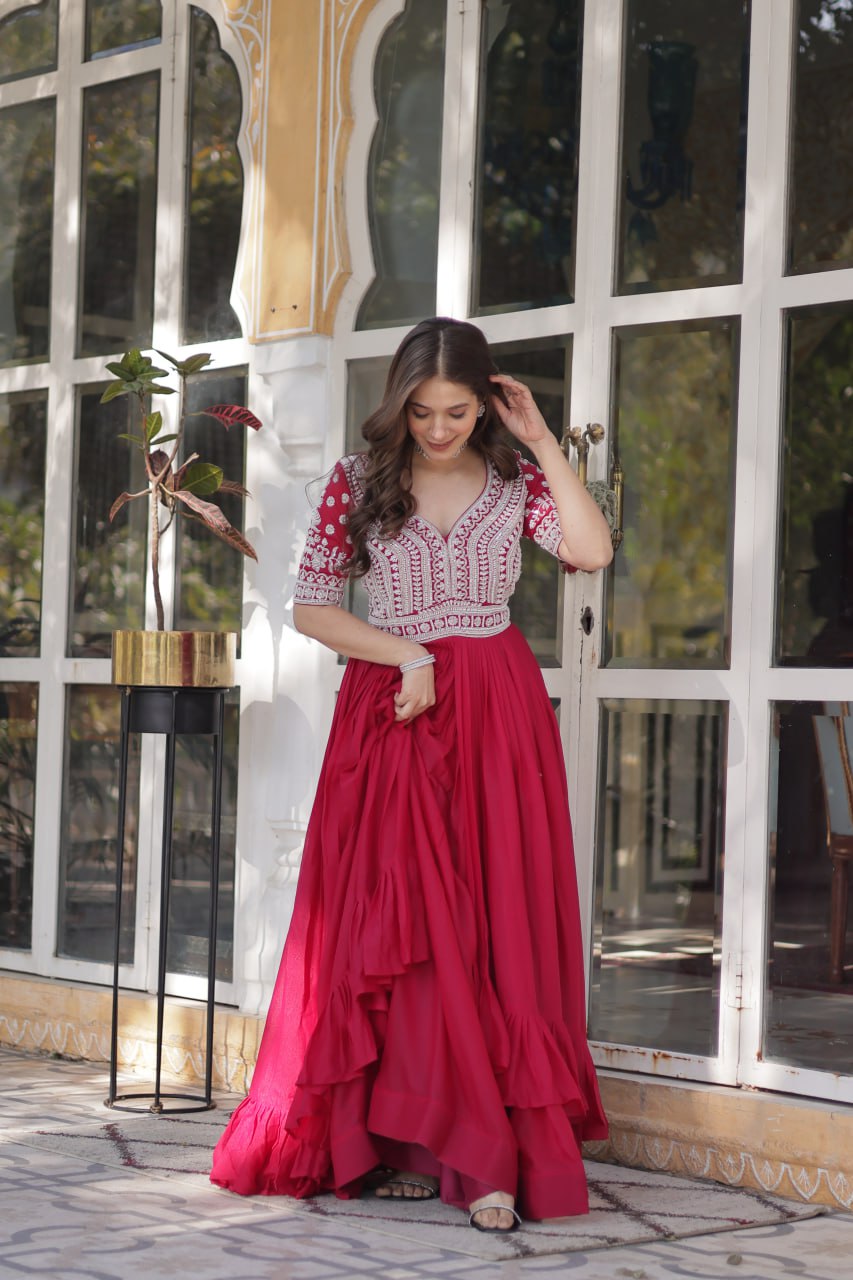 Pink Star Blooming With Embroidery Beads Sequins Work Gown