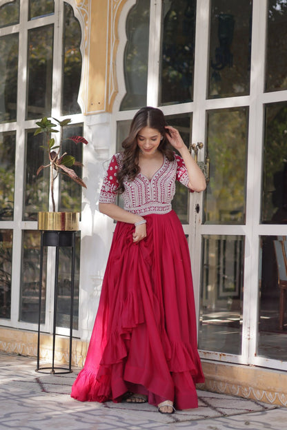 Pink Star Blooming With Embroidery Beads Sequins Work Gown