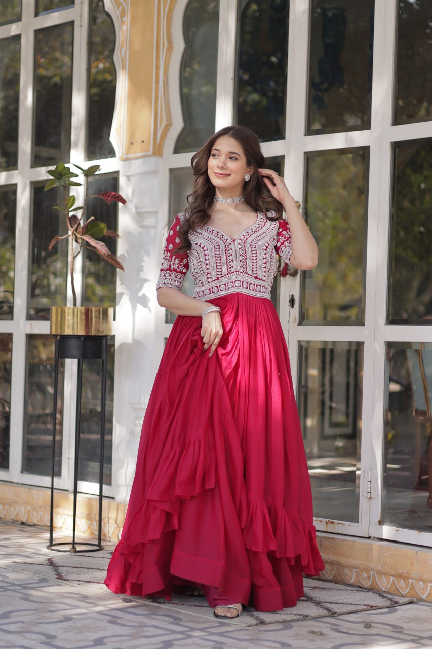 Pink Star Blooming With Embroidery Beads Sequins Work Gown