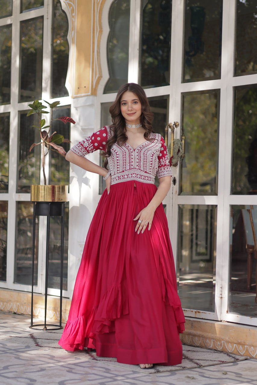 Pink Star Blooming With Embroidery Beads Sequins Work Gown