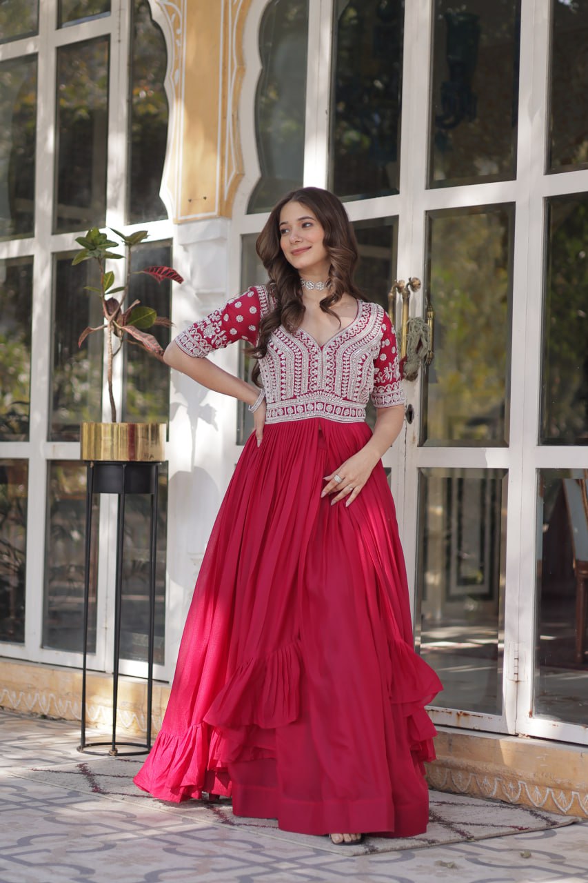 Pink Star Blooming With Embroidery Beads Sequins Work Gown