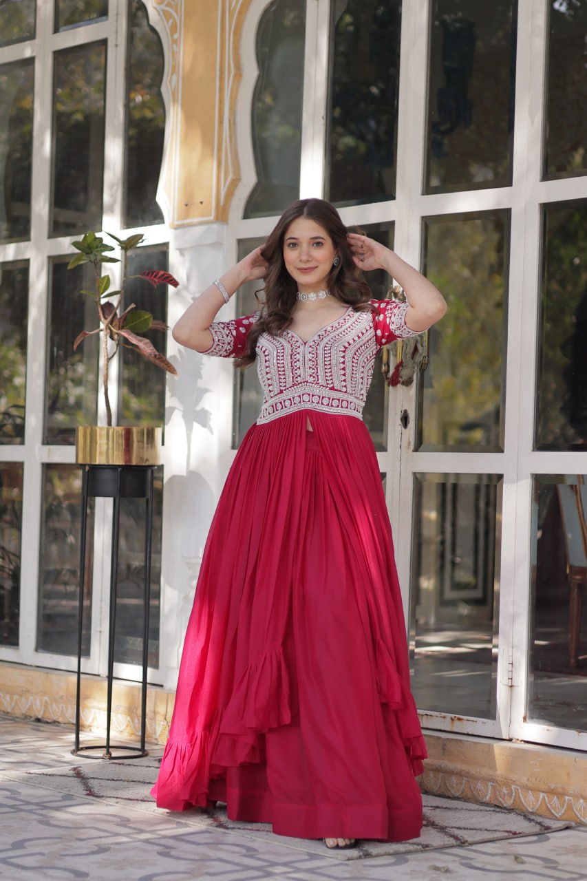Pink Star Blooming With Embroidery Beads Sequins Work Gown
