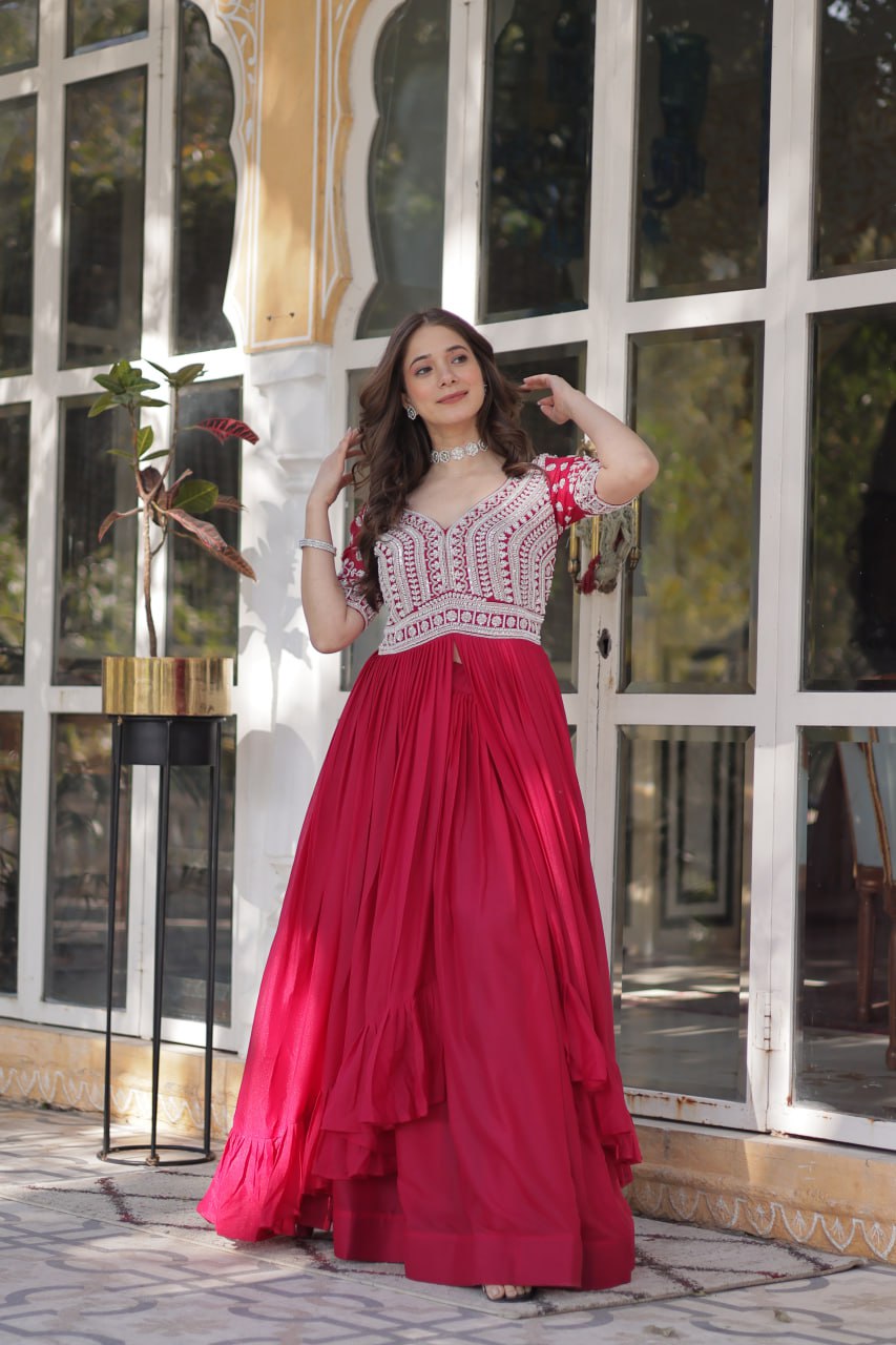 Pink Star Blooming With Embroidery Beads Sequins Work Gown