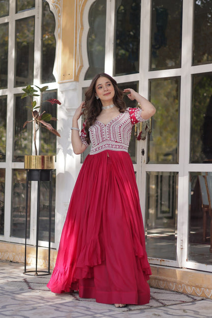 Pink Star Blooming With Embroidery Beads Sequins Work Gown