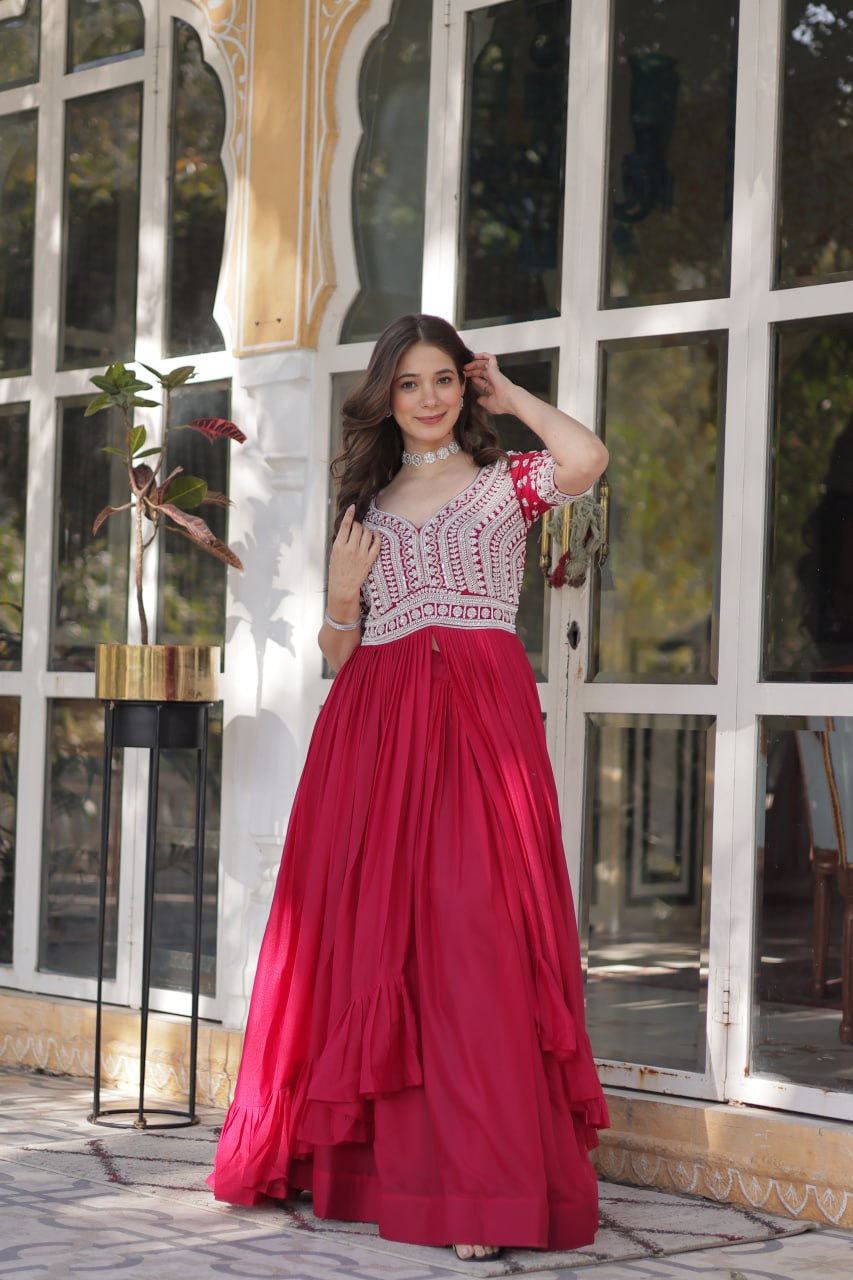 Pink Star Blooming With Embroidery Beads Sequins Work Gown