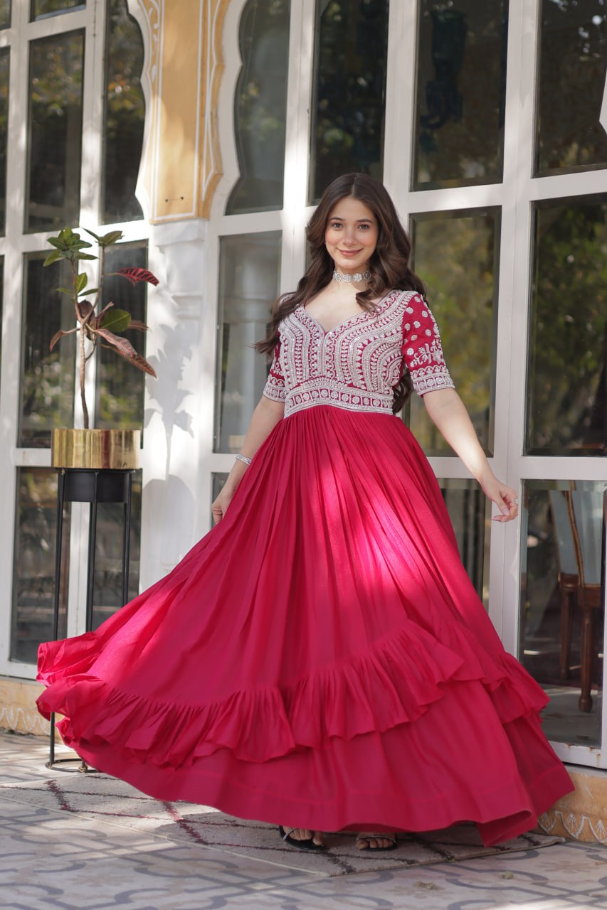 Pink Star Blooming With Embroidery Beads Sequins Work Gown