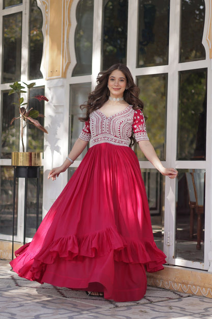 Pink Star Blooming With Embroidery Beads Sequins Work Gown