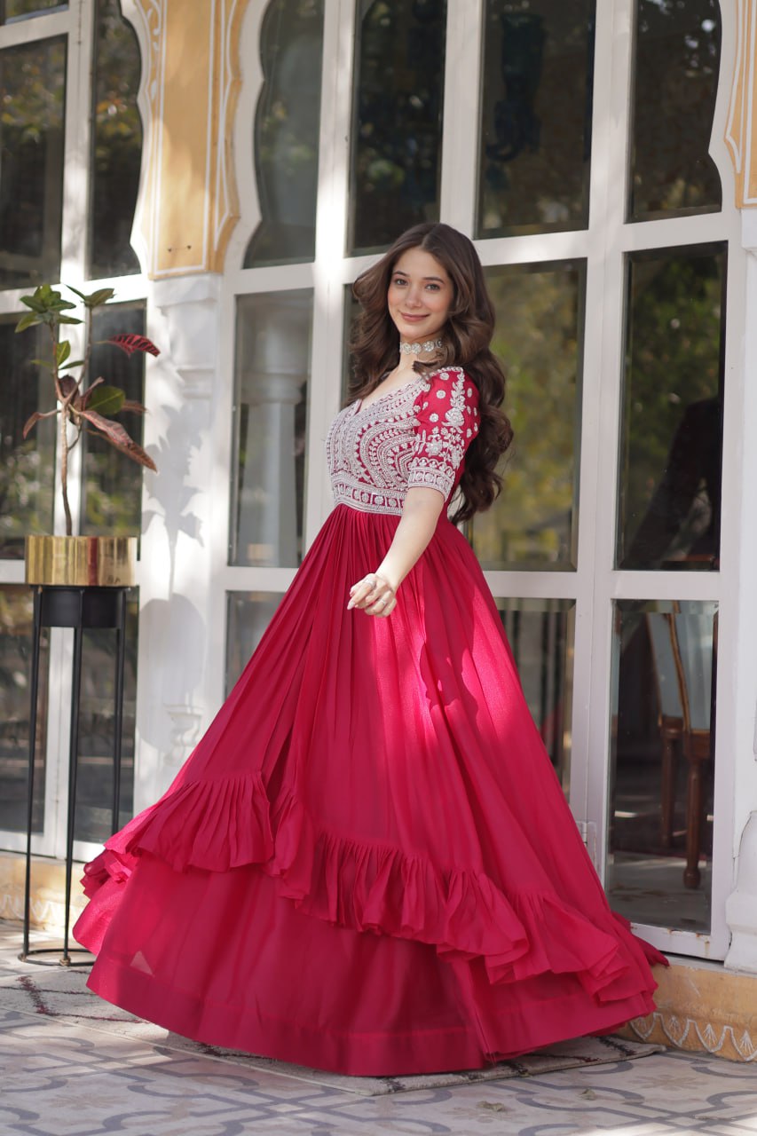 Pink Star Blooming With Embroidery Beads Sequins Work Gown