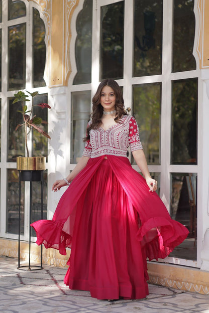 Pink Star Blooming With Embroidery Beads Sequins Work Gown