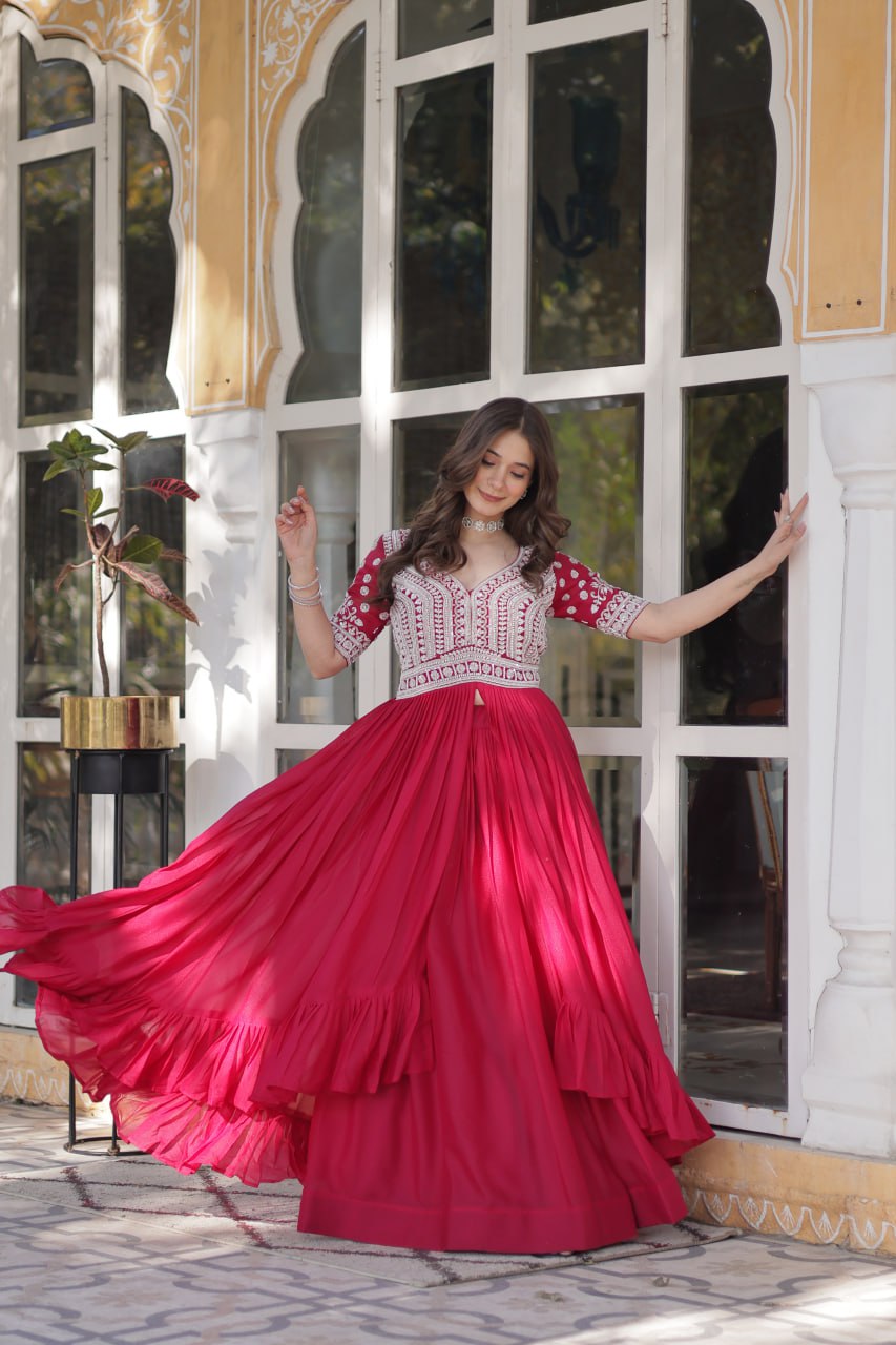 Pink Star Blooming With Embroidery Beads Sequins Work Gown