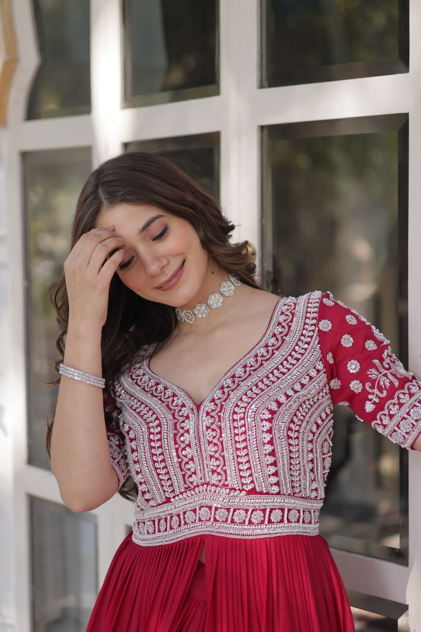 Pink Star Blooming With Embroidery Beads Sequins Work Gown