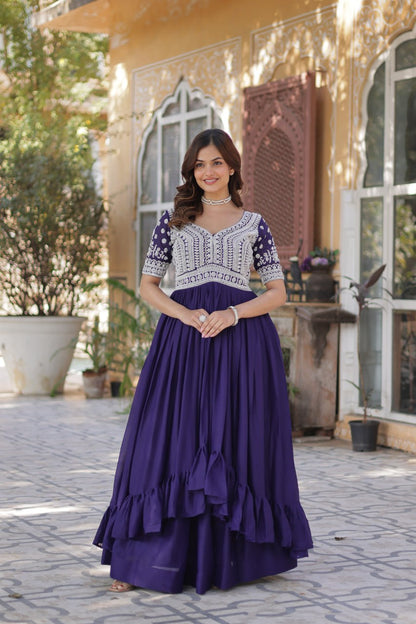 Purple Star Blooming With Embroidery Beads Sequins Work Gown