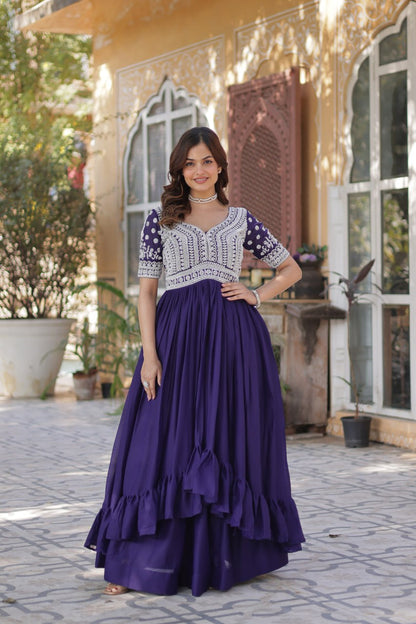 Purple Star Blooming With Embroidery Beads Sequins Work Gown