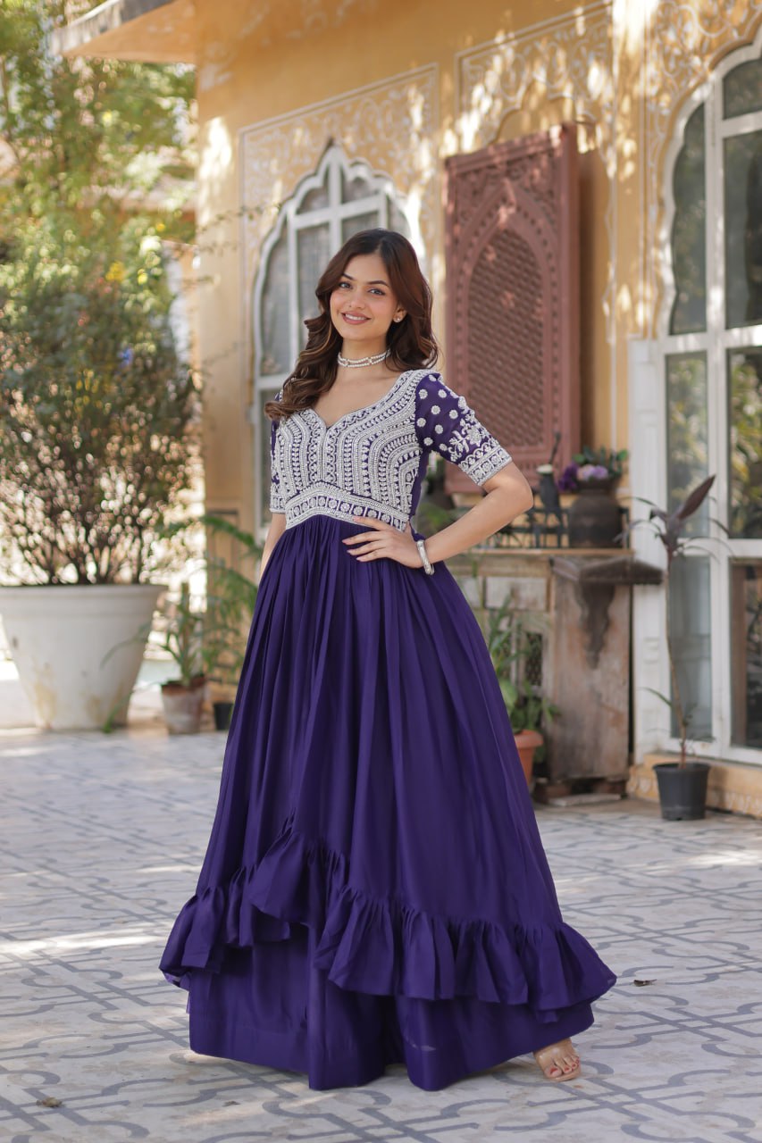Purple Star Blooming With Embroidery Beads Sequins Work Gown