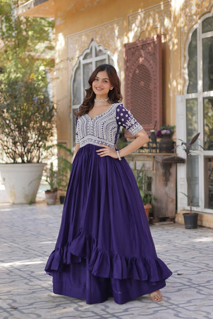 Purple Star Blooming With Embroidery Beads Sequins Work Gown