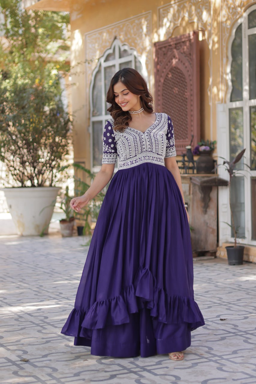 Purple Star Blooming With Embroidery Beads Sequins Work Gown