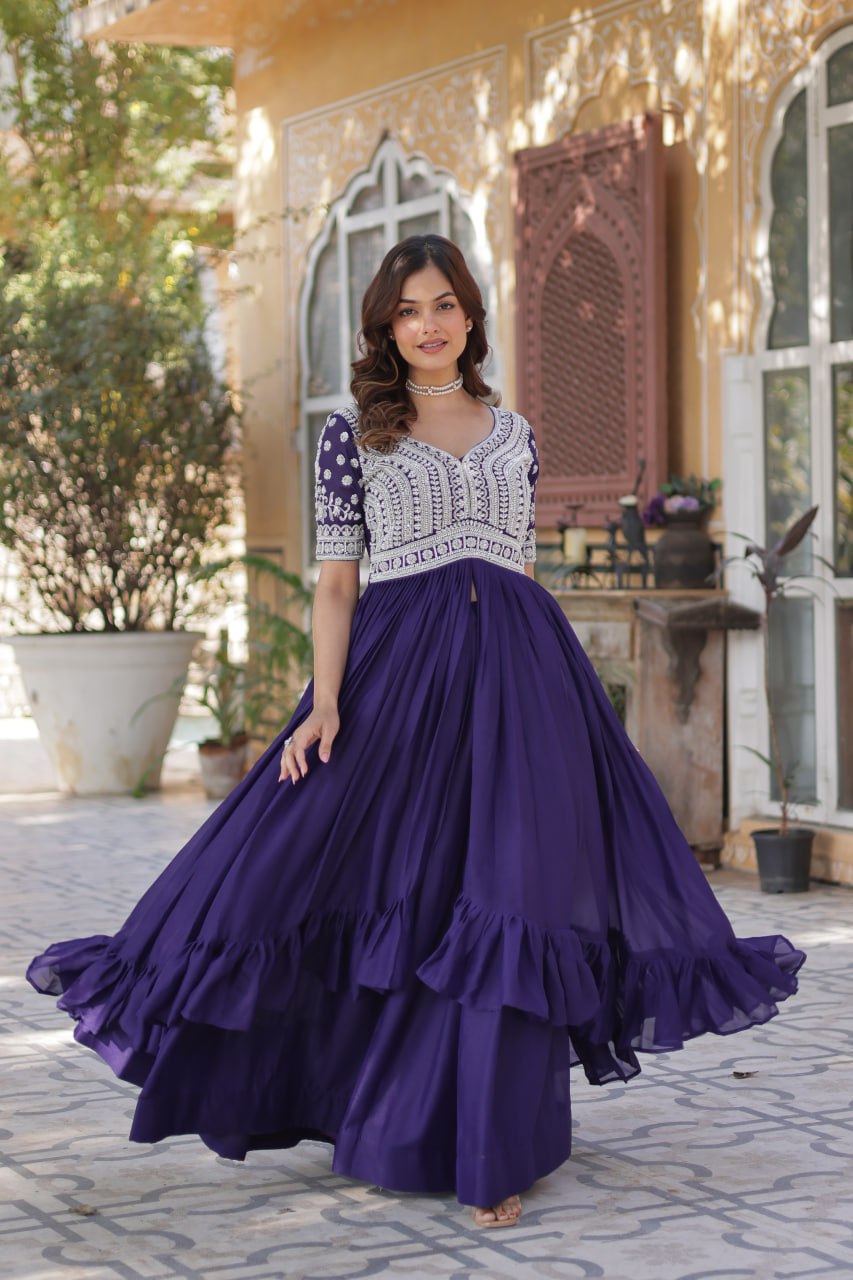 Purple Star Blooming With Embroidery Beads Sequins Work Gown