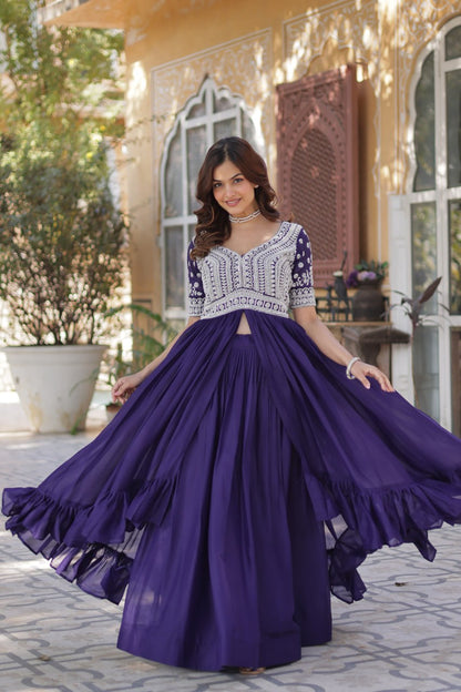 Purple Star Blooming With Embroidery Beads Sequins Work Gown