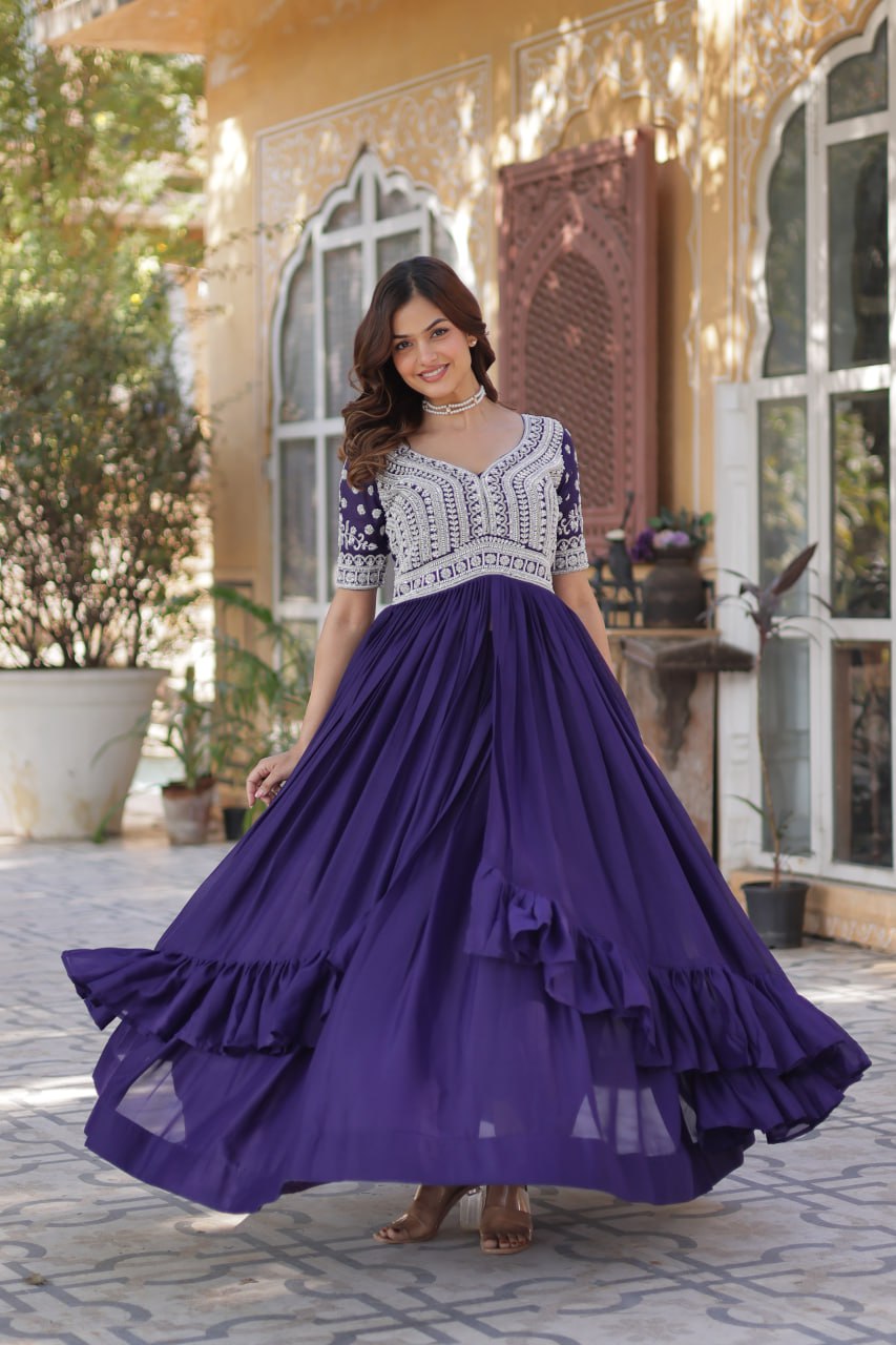 Purple Star Blooming With Embroidery Beads Sequins Work Gown