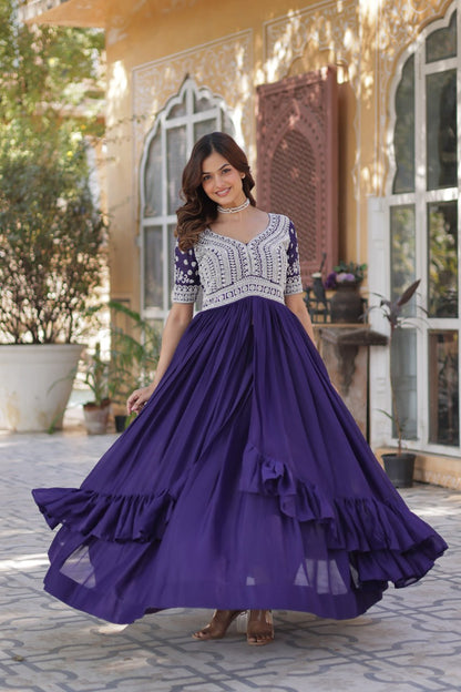 Purple Star Blooming With Embroidery Beads Sequins Work Gown