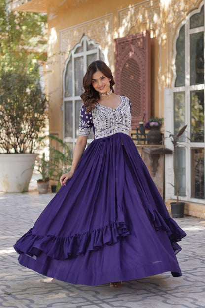 Purple Star Blooming With Embroidery Beads Sequins Work Gown