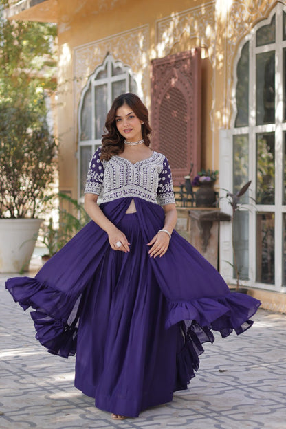 Purple Star Blooming With Embroidery Beads Sequins Work Gown
