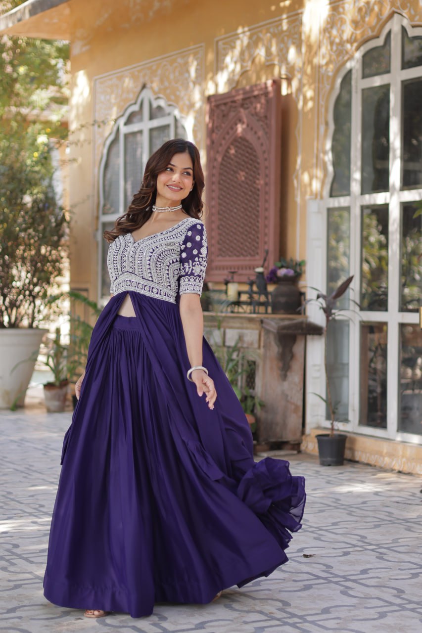 Purple Star Blooming With Embroidery Beads Sequins Work Gown