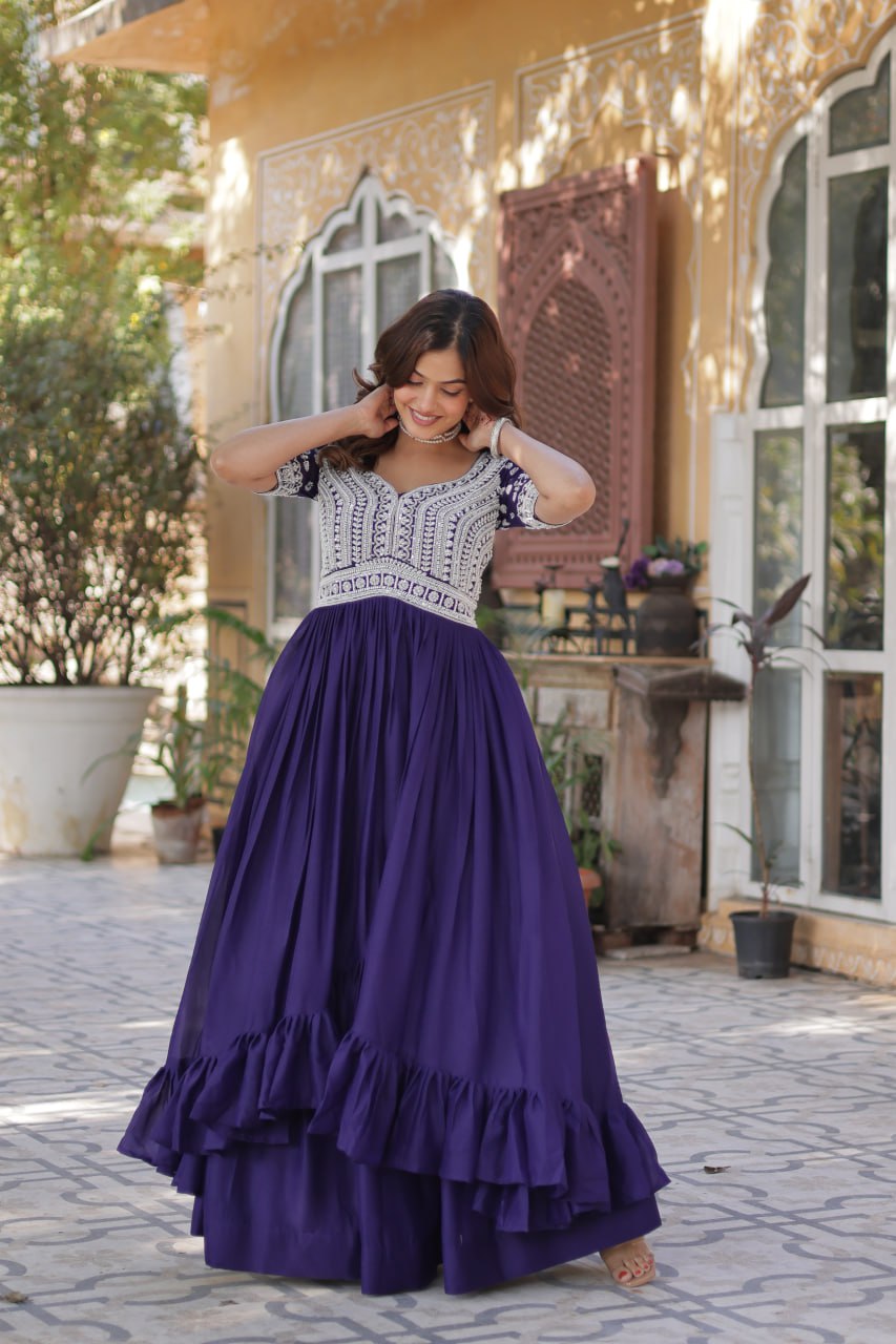 Purple Star Blooming With Embroidery Beads Sequins Work Gown