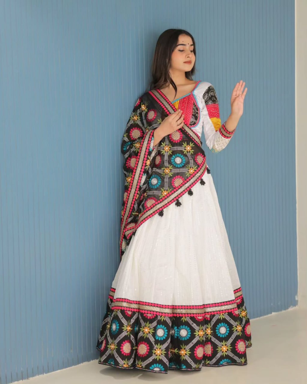 White Fancy Digital Print Real Mirror Work Navaratri Lehenga Choli