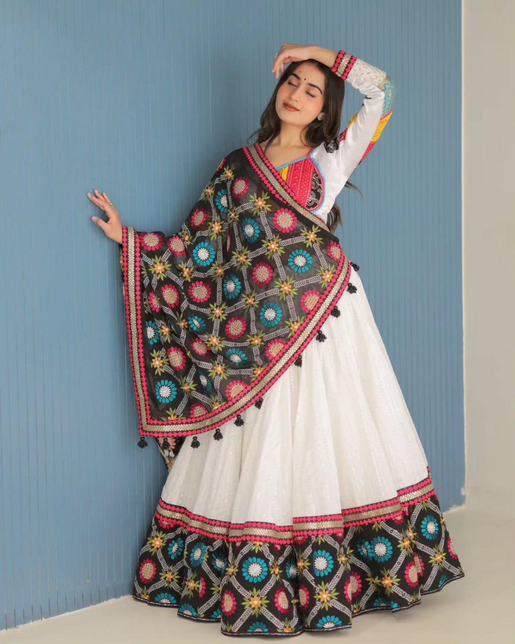 White Fancy Digital Print Real Mirror Work Navaratri Lehenga Choli