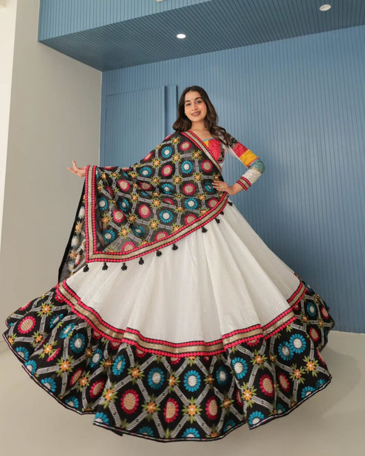 White Fancy Digital Print Real Mirror Work Navaratri Lehenga Choli
