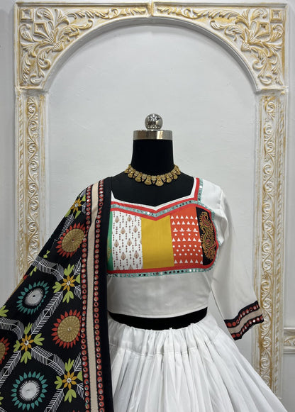 White Fancy Digital Print Real Mirror Work Navaratri Lehenga Choli