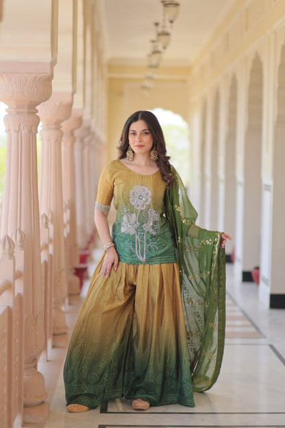 Mehandi Chinnon Print With Beads Embroidered Work Sharara Suit