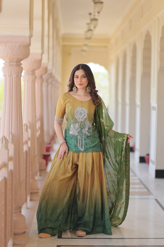Mehandi Chinnon Print With Beads Embroidered Work Sharara Suit