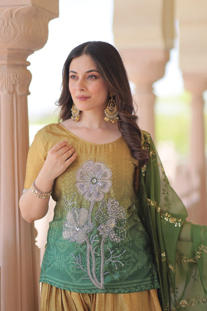 Mehandi Chinnon Print With Beads Embroidered Work Sharara Suit