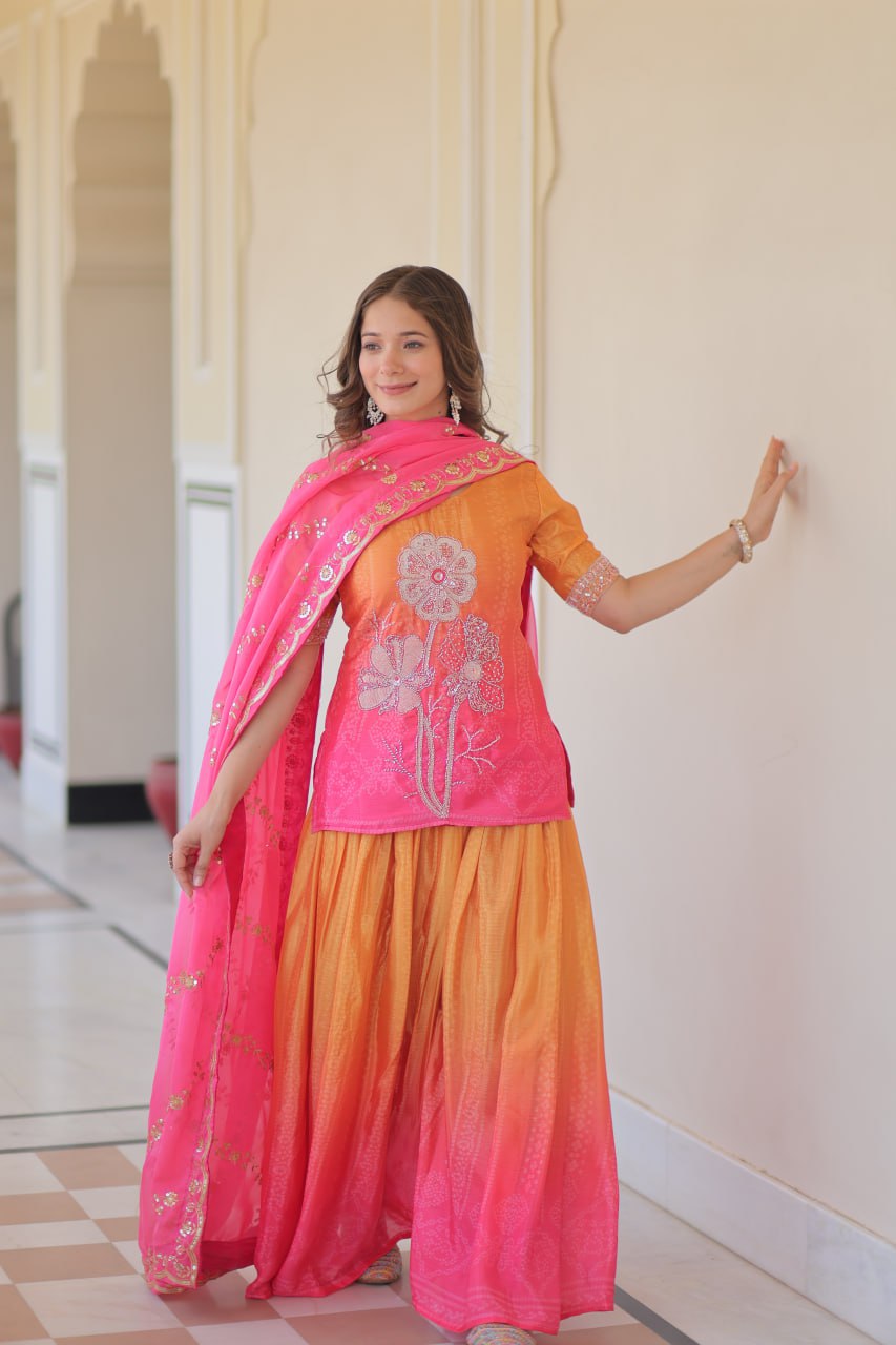 Pink Chinnon Print With Beads Embroidered Work Sharara Suit