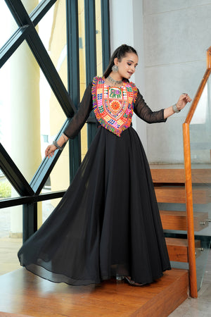 Black georgette Navratri gown with multicolor Kutchi embroidery and mirror work