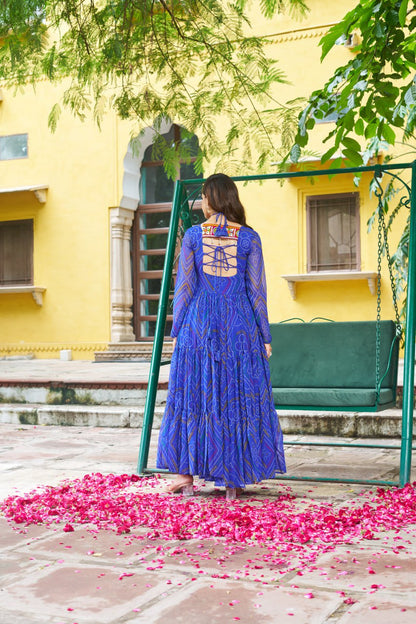 Blue Bandhani Print Work With Kutchi Patchework Navratri Special Gown