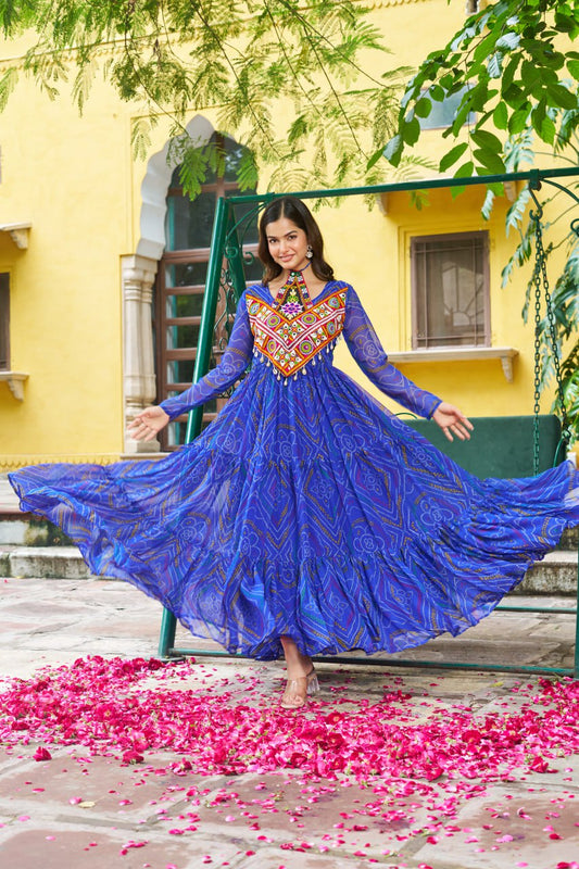 Blue Bandhani Print Work With Kutchi Patchework Navratri Special Gown