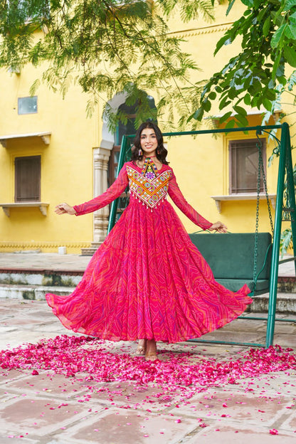 Pink Bandhani Print Work With Kutchi Patchework Navratri Special Gown