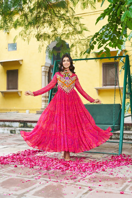 Pink Bandhani Print Work With Kutchi Patchework Navratri Special Gown