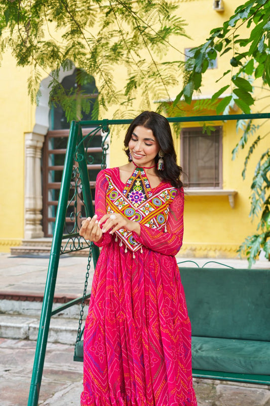 Pink Bandhani Print Work With Kutchi Patchework Navratri Special Gown