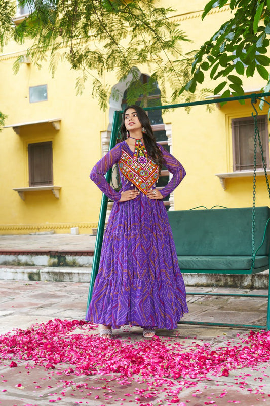 Purple Bandhani Print Work With Kutchi Patchework Navratri Special Gown