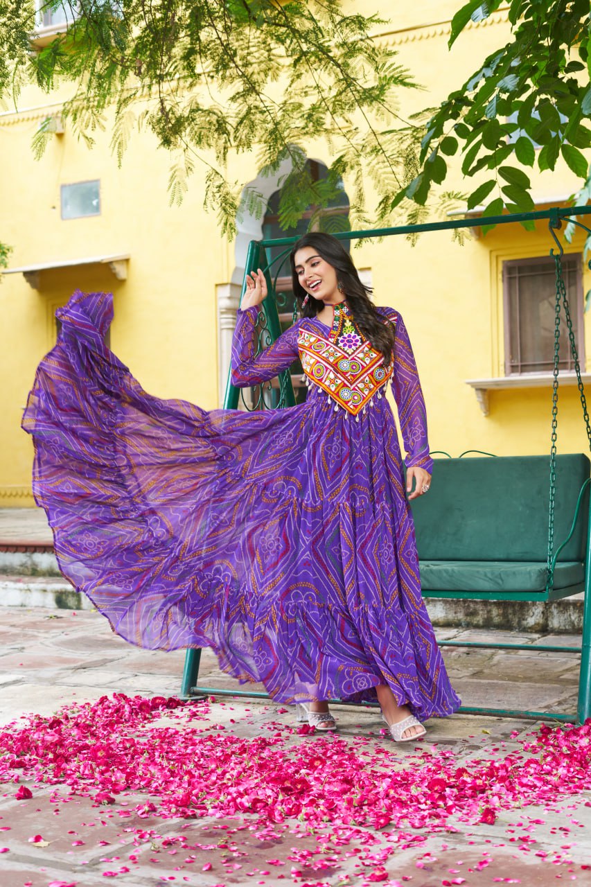 Purple Bandhani Print Work With Kutchi Patchework Navratri Special Gown