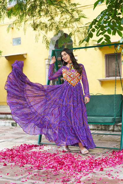 Purple Bandhani Print Work With Kutchi Patchework Navratri Special Gown